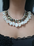 SUNSET RADIANCE CHOKER IN GOLD FINISH HANDMADE WITH MOTHER OF PEARL SHELL BEADS AND COWRIE SEA SHELLS