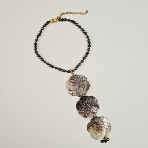 PYRITE AND MOTHER OF PEARL SHELL LARIAT IN GOLD FINISH