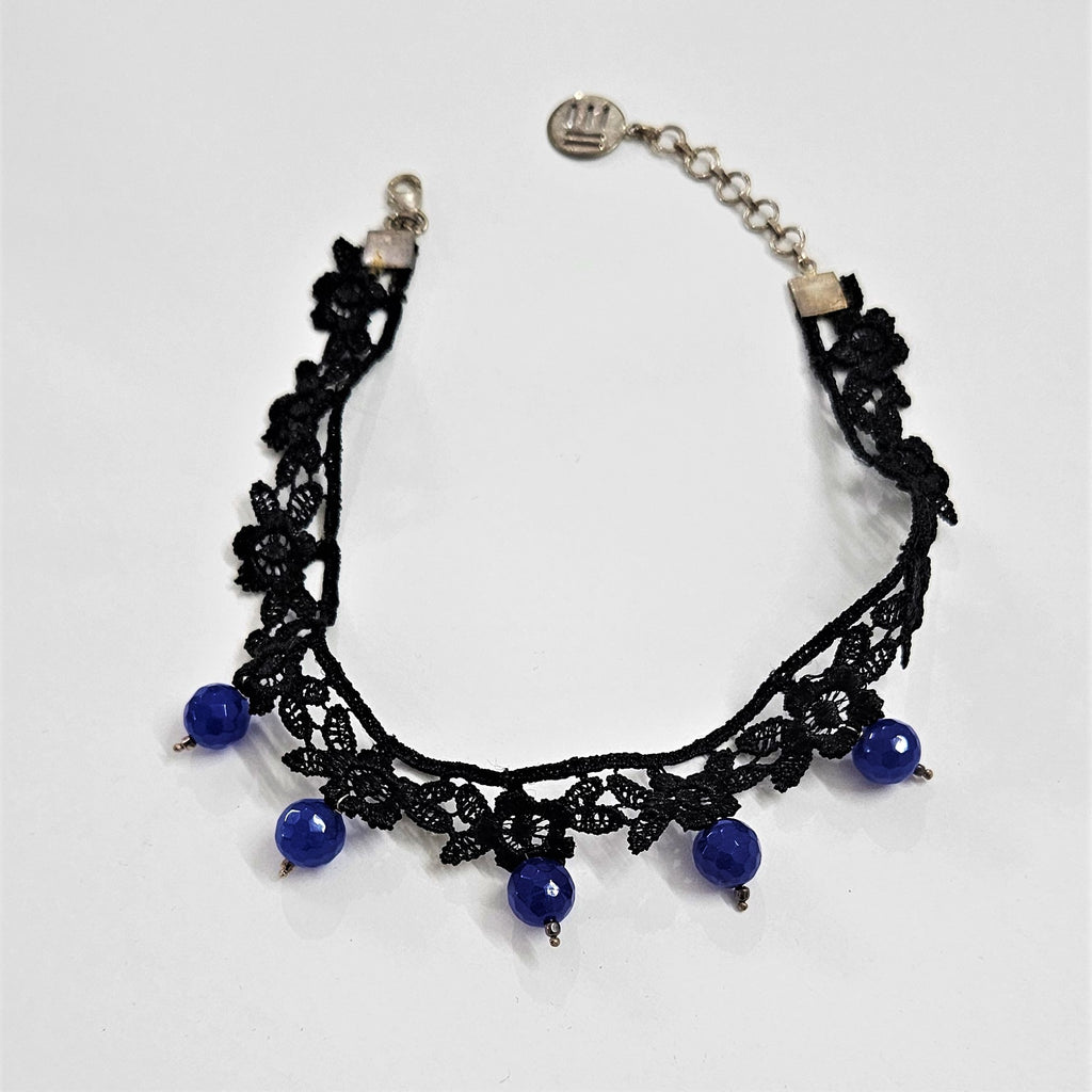 FLORAL LACE CHOKER WITH BLUE SEMI PRECIOUS STONE WITH 925 SILVER FASTENINGS