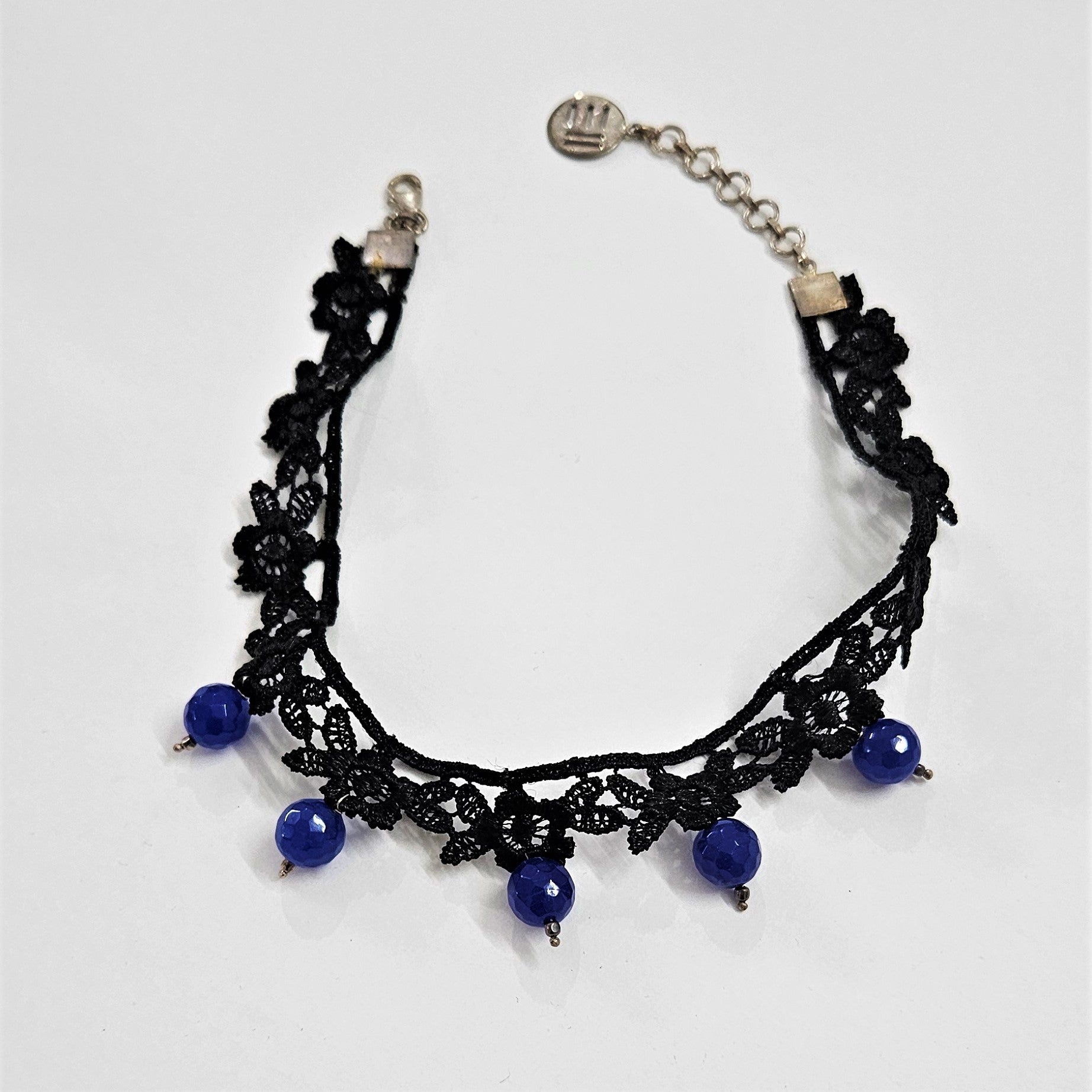 FLORAL LACE CHOKER WITH BLUE SEMI PRECIOUS STONE WITH 925 SILVER FASTENINGS