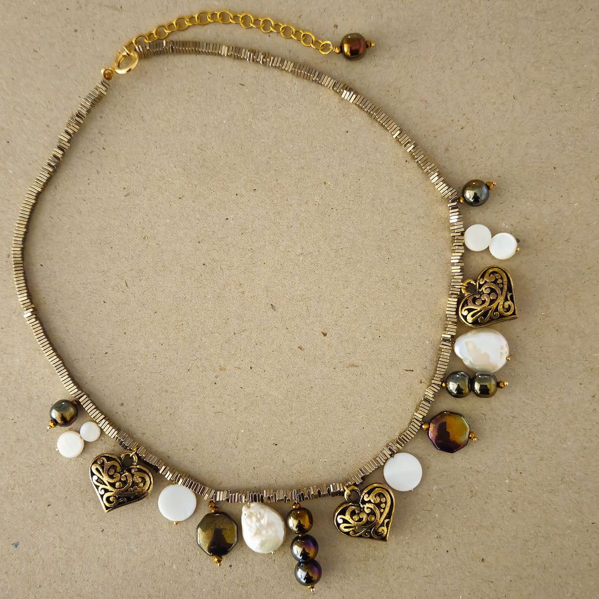 Baroque Pearl, Heart Charm, Glass Beaded Metallic charm statement necklace