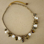 Baroque Pearl, Heart Charm, Glass Beaded Metallic charm statement necklace