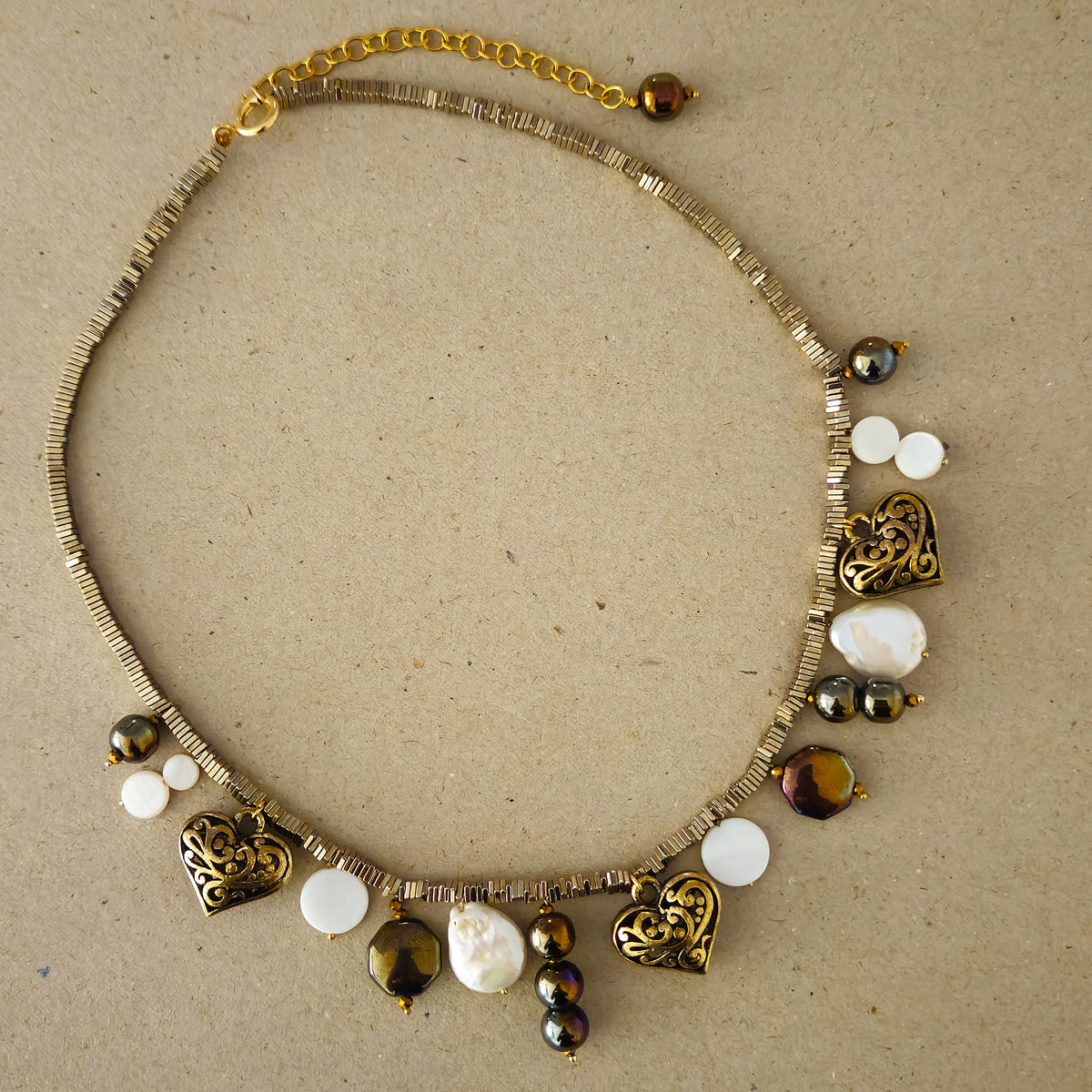 Baroque Pearl, Heart Charm, Glass Beaded Metallic charm statement necklace