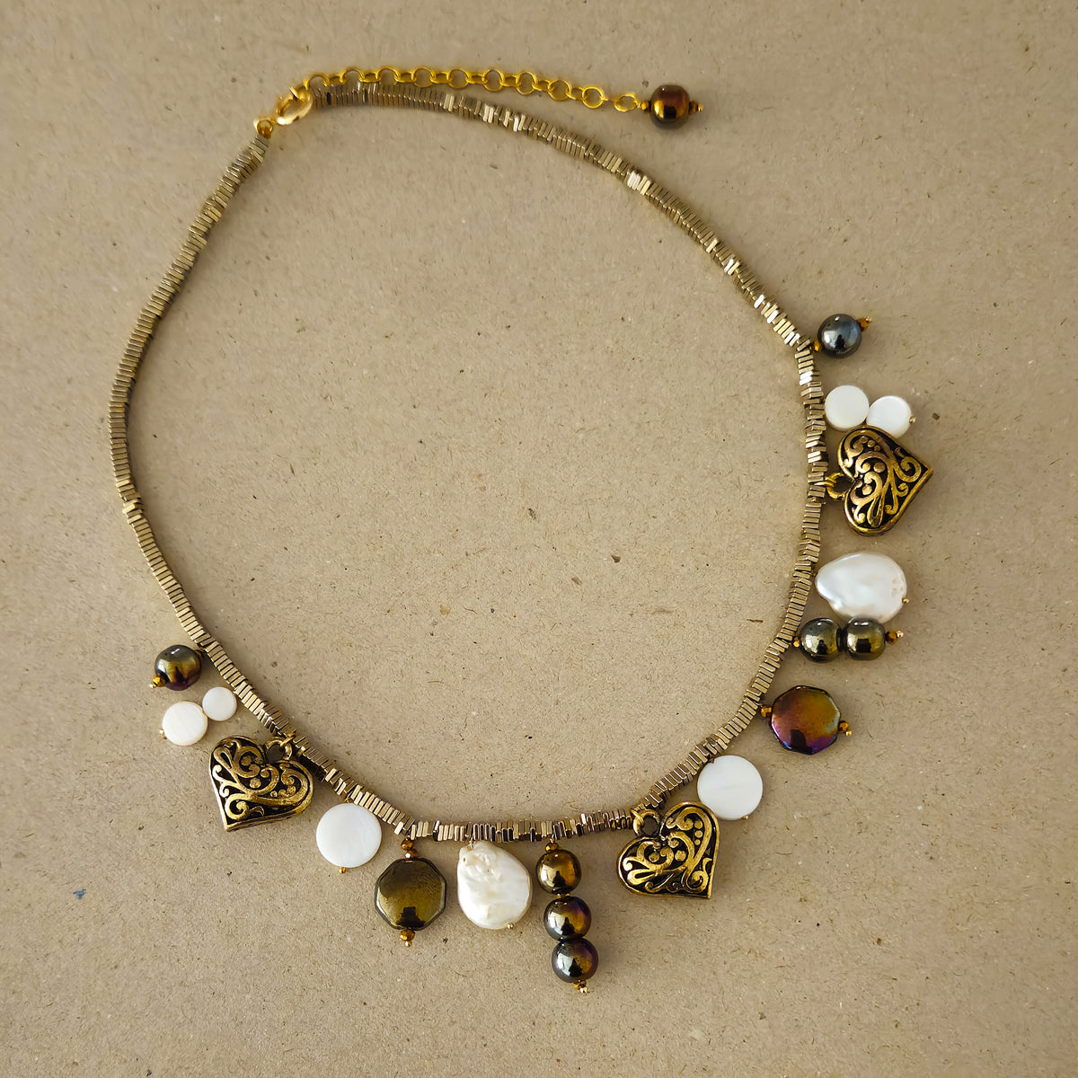 Baroque Pearl, Heart Charm, Glass Beaded Metallic charm statement necklace
