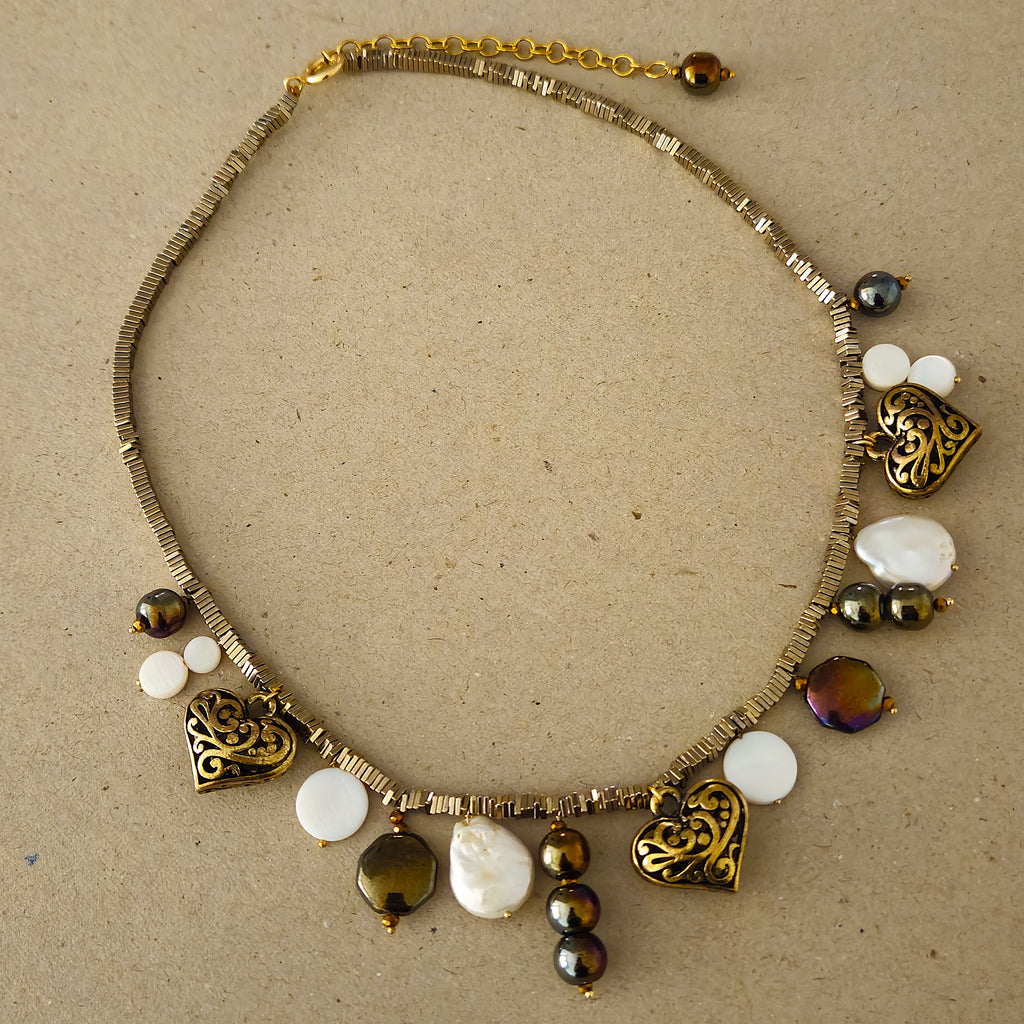 Baroque Pearl, Heart Charm, Glass Beaded Metallic charm statement necklace