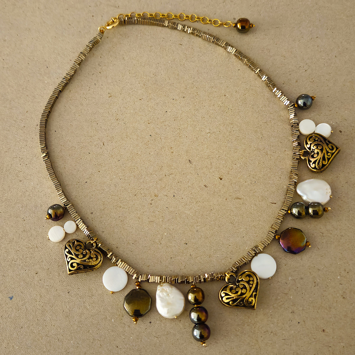 Baroque Pearl, Heart Charm, Glass Beaded Metallic charm statement necklace