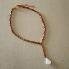 pink metallic square beaded pearl drop necklace, minimal y necklace