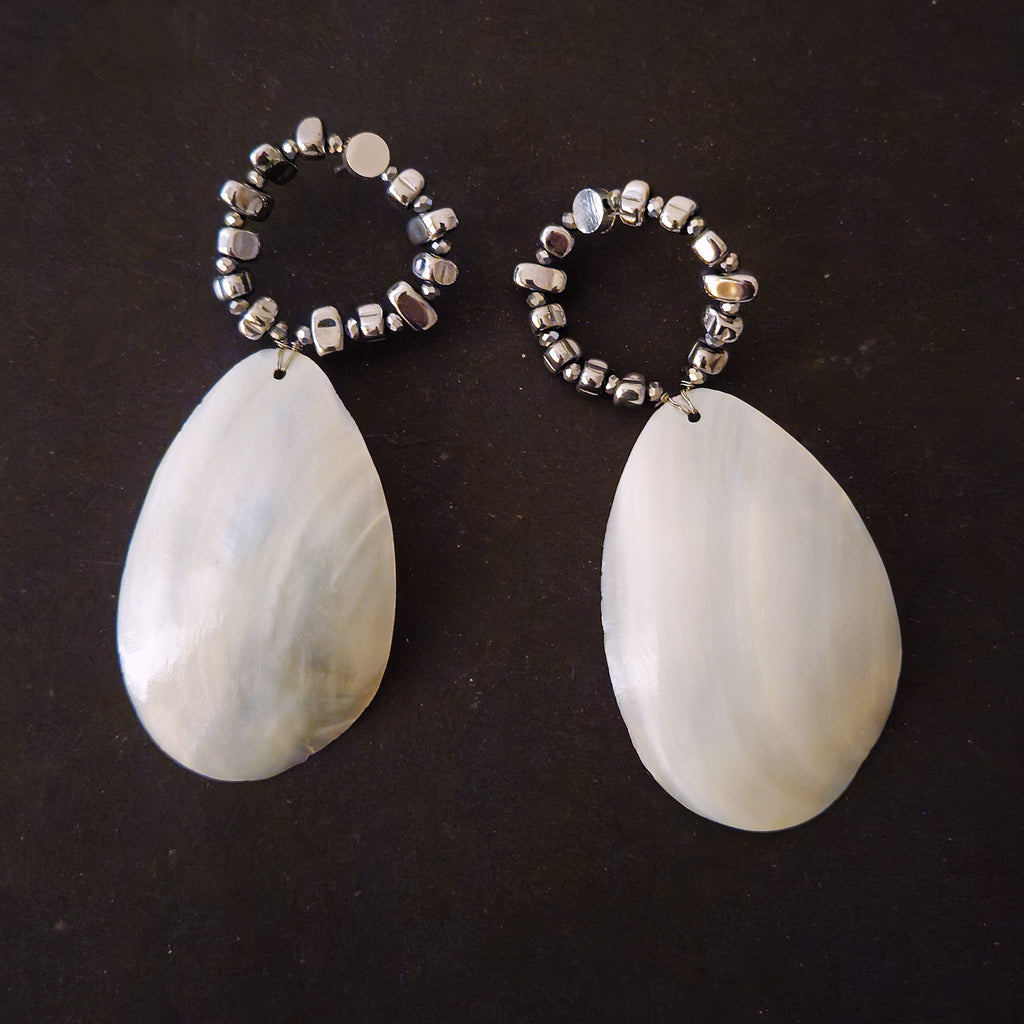 Large Mother Of Shell Statement Earrings With Silver Beaded Hoop