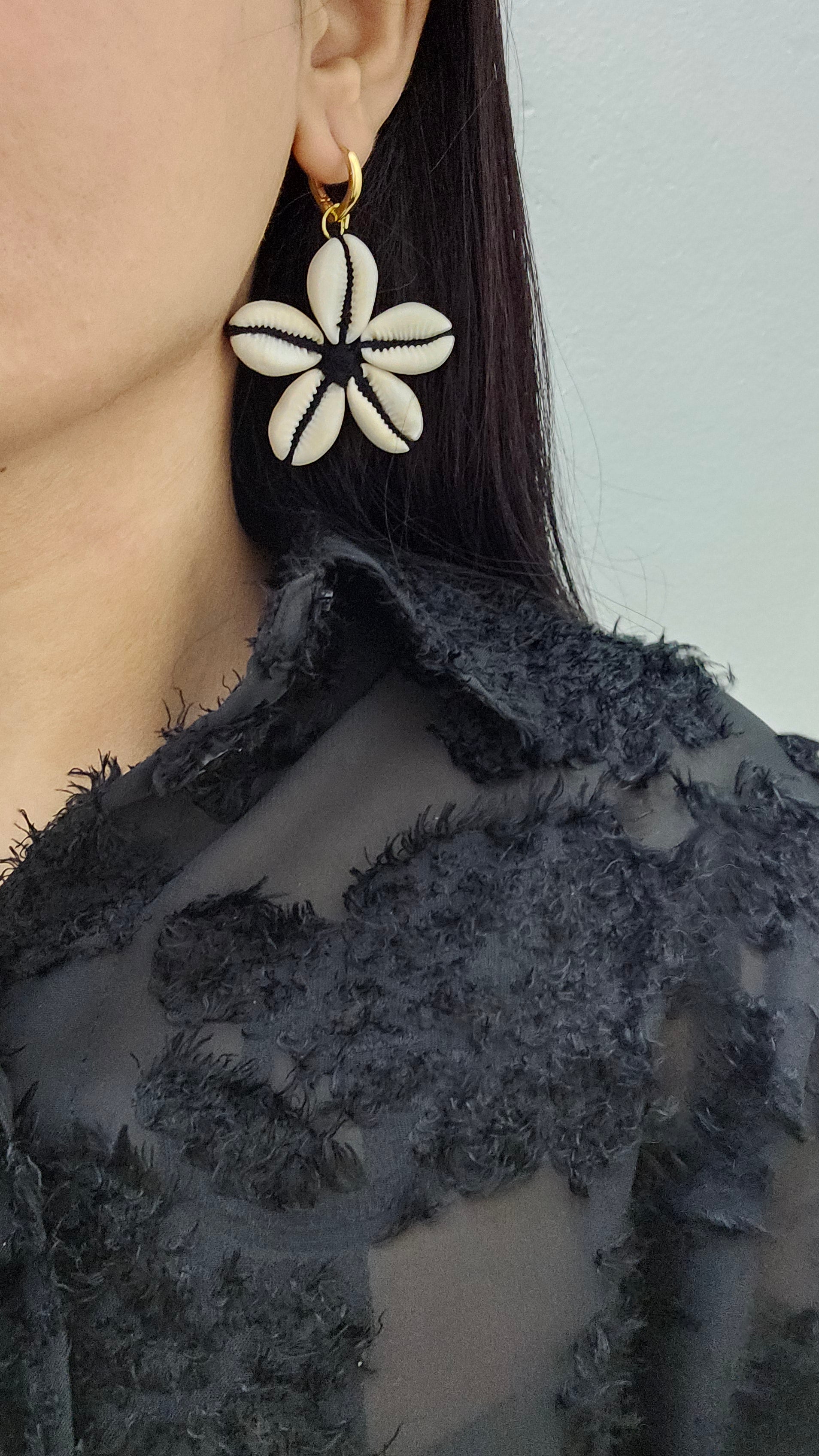 Cowrie Shell Flower Hoop Earrings