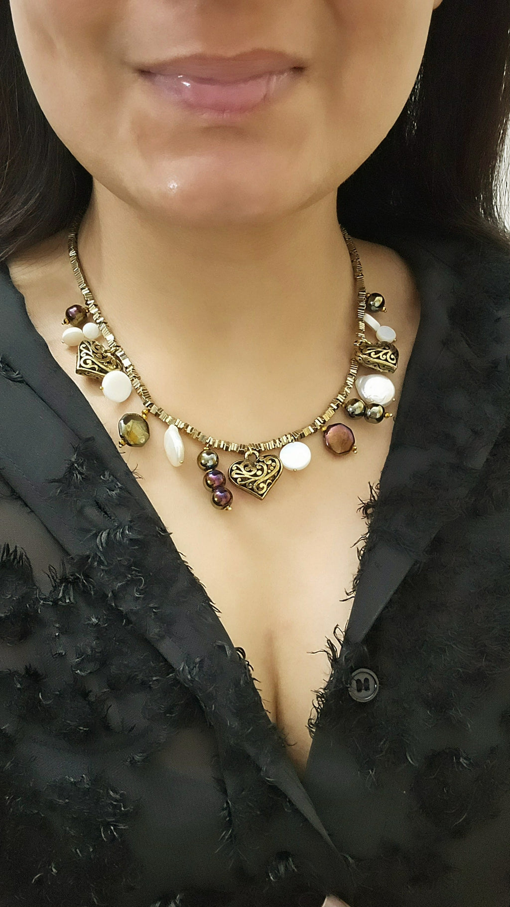 Baroque Pearl, Heart Charm, Glass Beaded Metallic charm statement necklace