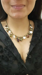 Baroque Pearl, Heart Charm, Glass Beaded Metallic charm statement necklace