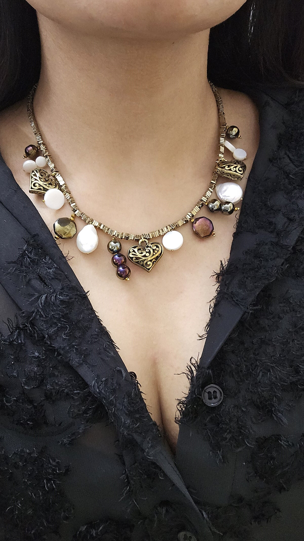 Baroque Pearl, Heart Charm, Glass Beaded Metallic charm statement necklace