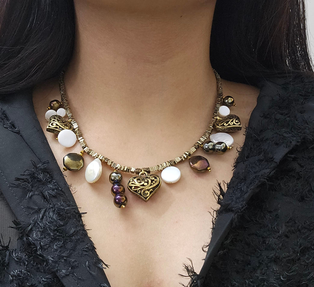 Baroque Pearl, Heart Charm, Glass Beaded Metallic charm statement necklace