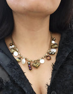 Baroque Pearl, Heart Charm, Glass Beaded Metallic charm statement necklace