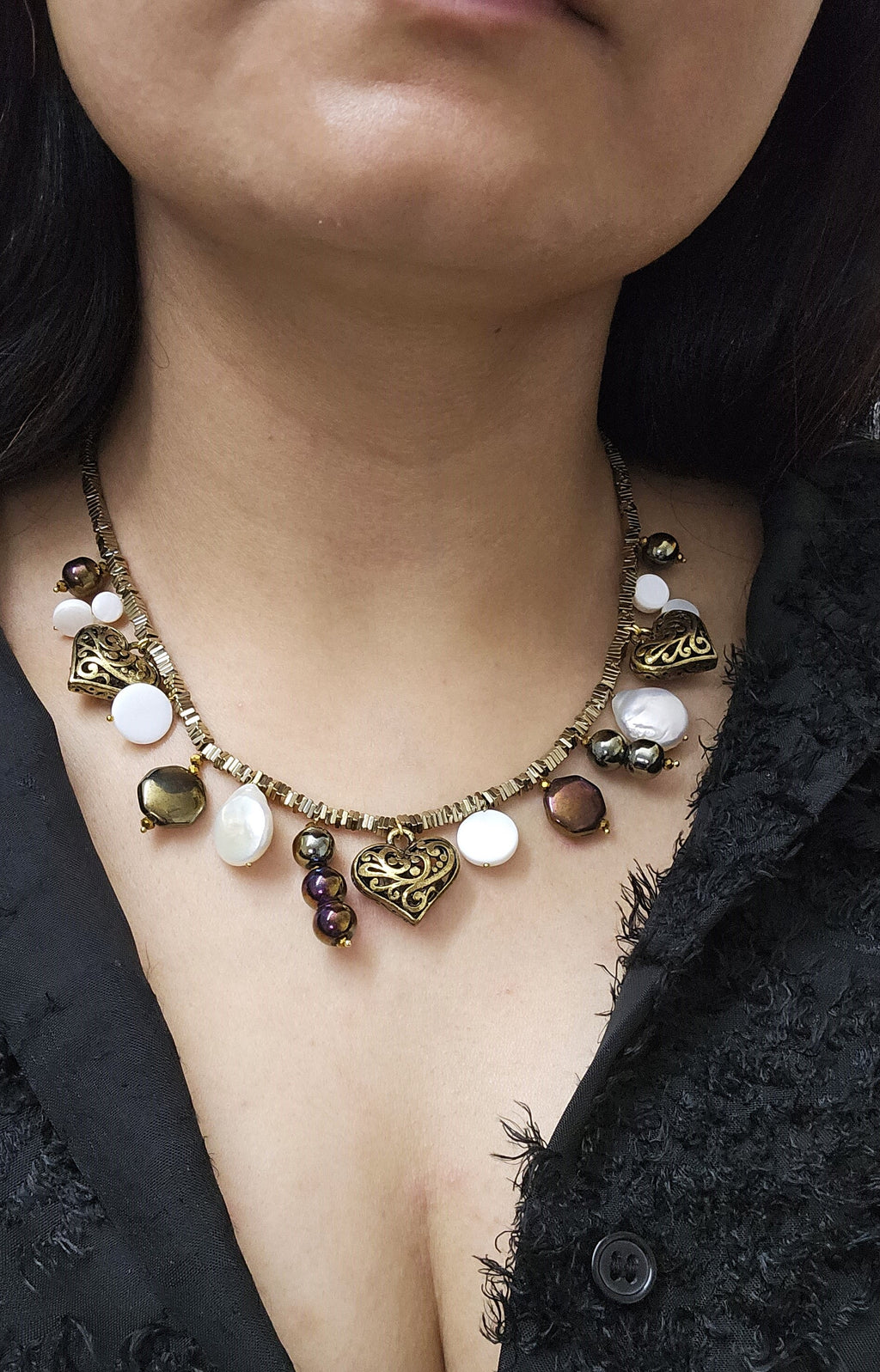 Baroque Pearl, Heart Charm, Glass Beaded Metallic charm statement necklace