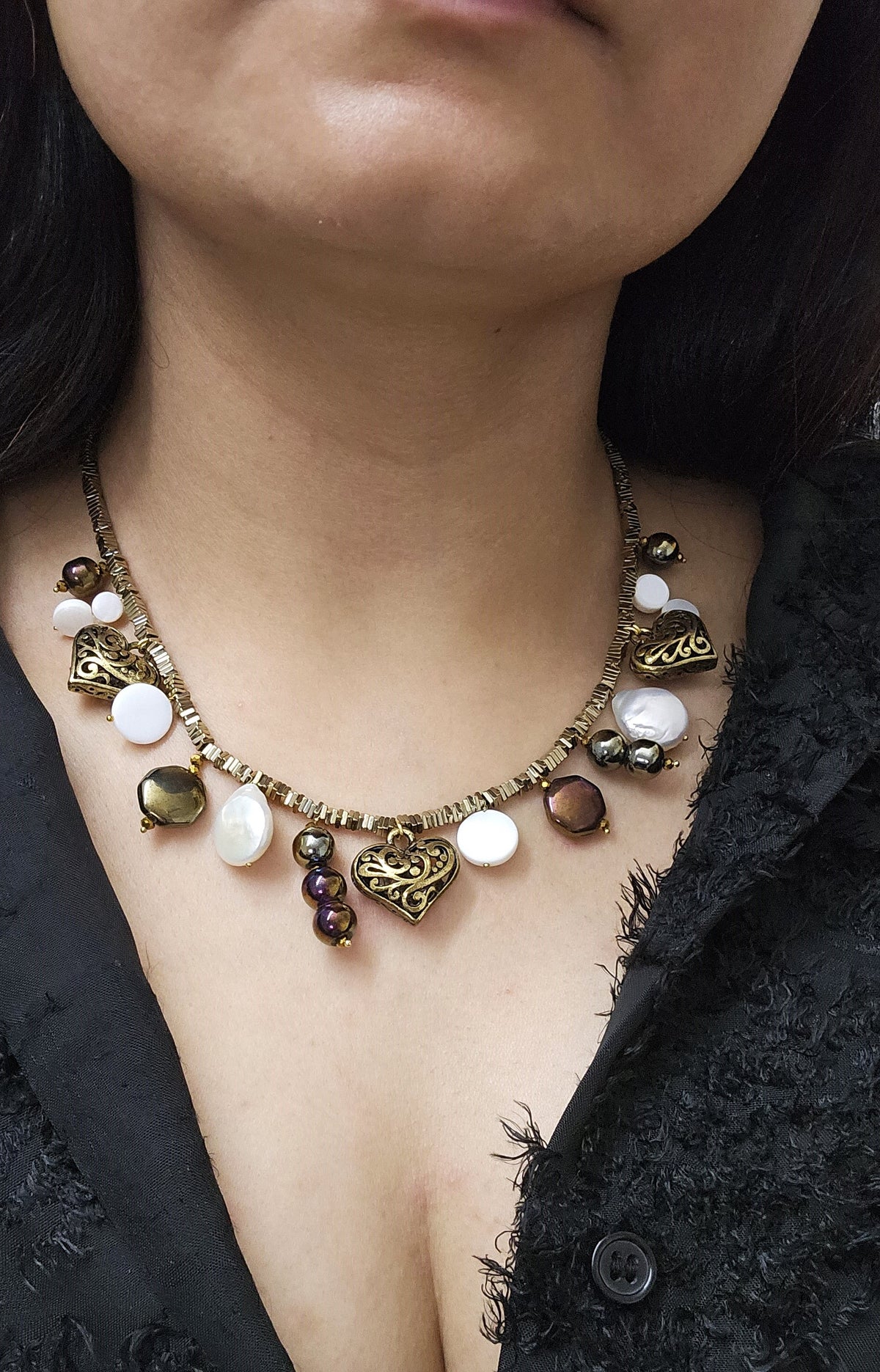 Baroque Pearl, Heart Charm, Glass Beaded Metallic charm statement necklace