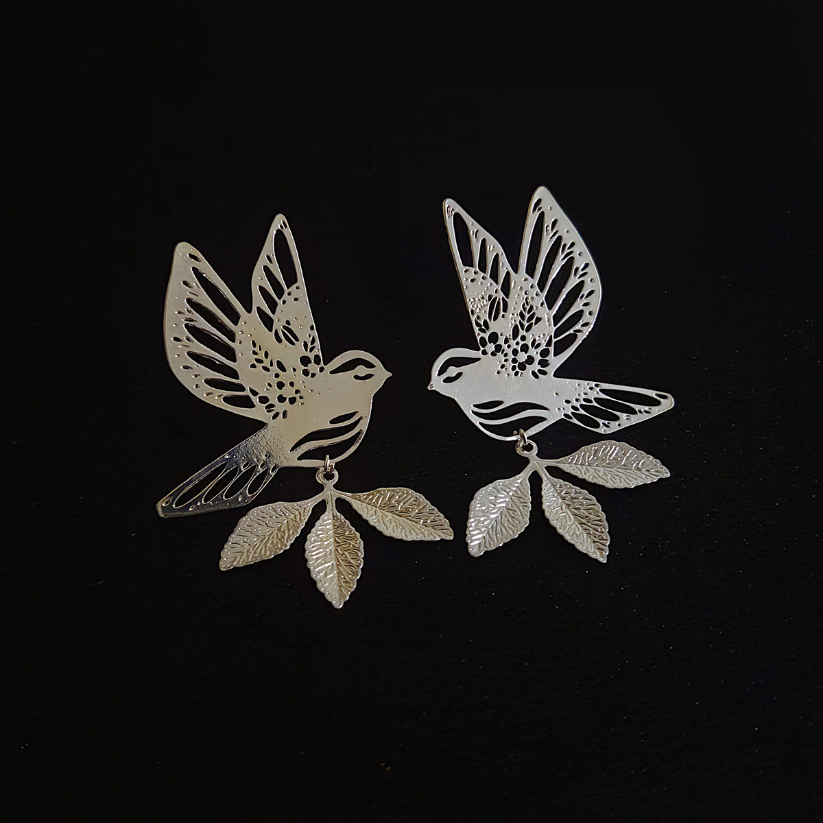 Bird Leaf Drop Earrings in Silver