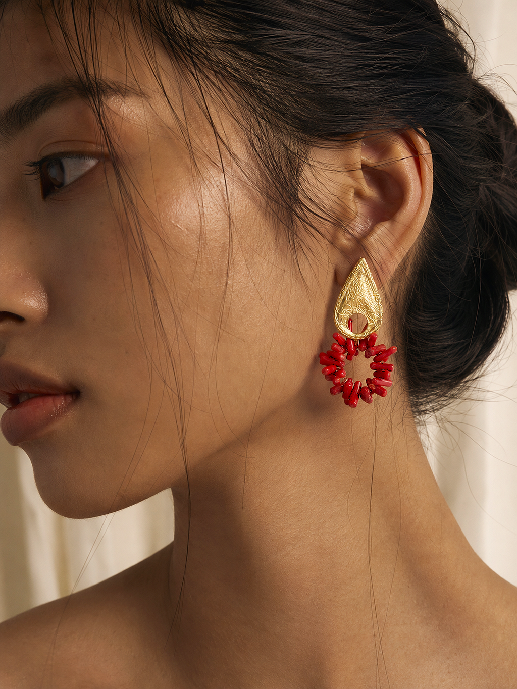 Uncut Coral Tear Drop Stud Earrings Handmade In Brass With Floral Engraving