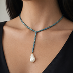 METALLIC Y LARIAT CHOKER WITH BAROQUE PEARLS