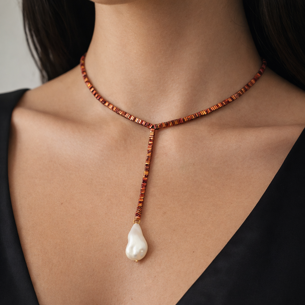BAROQUE PEARL PINK METALLIC Y LARIAT NECKLACE