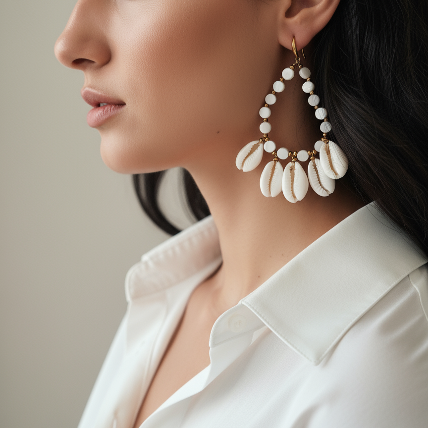 COWRIE SHELL STATEMENT DROP EARRINGS IN GOLD FINISH