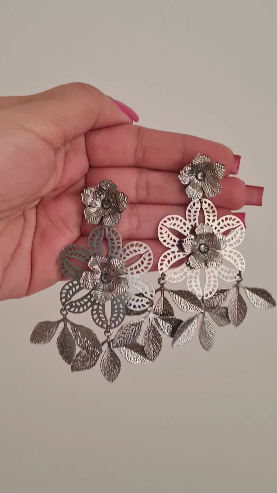 garden earrings, handcrafted delicate statement floral brass earrings in silver polish