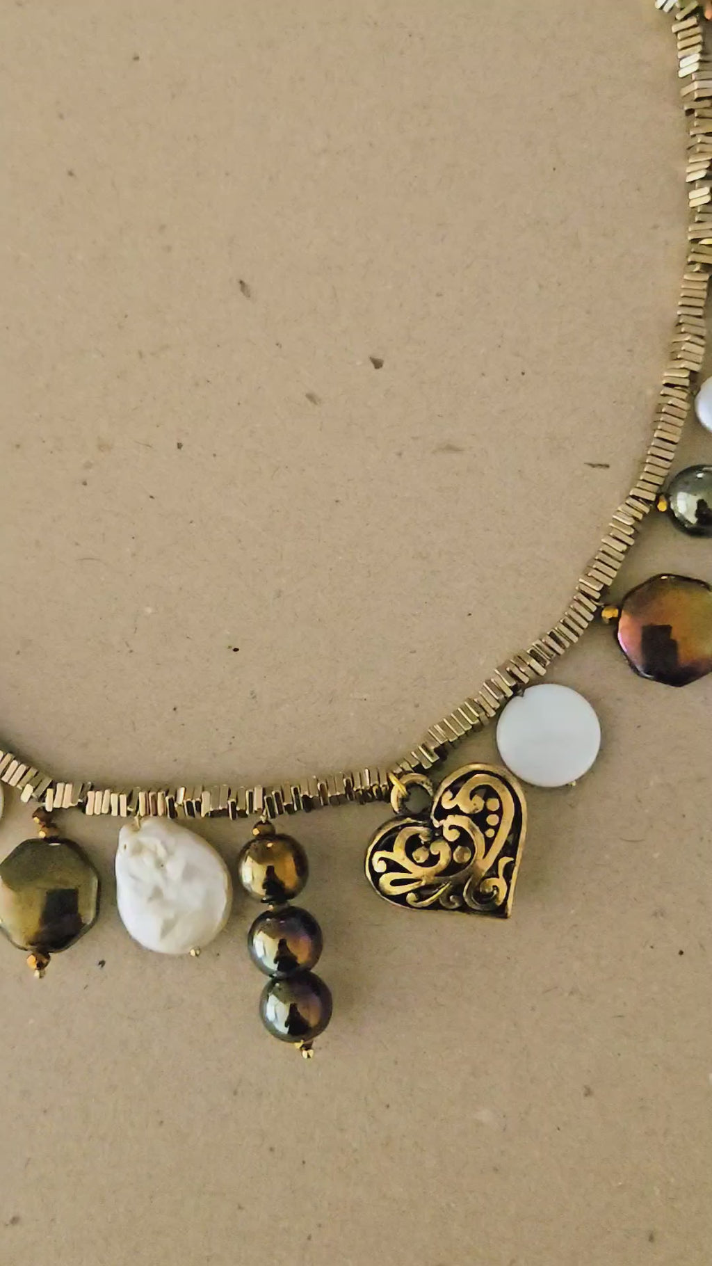 Baroque Pearl, Heart Charm, Glass Beaded Metallic charm statement necklace