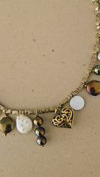 Baroque Pearl, Heart Charm, Glass Beaded Metallic charm statement necklace