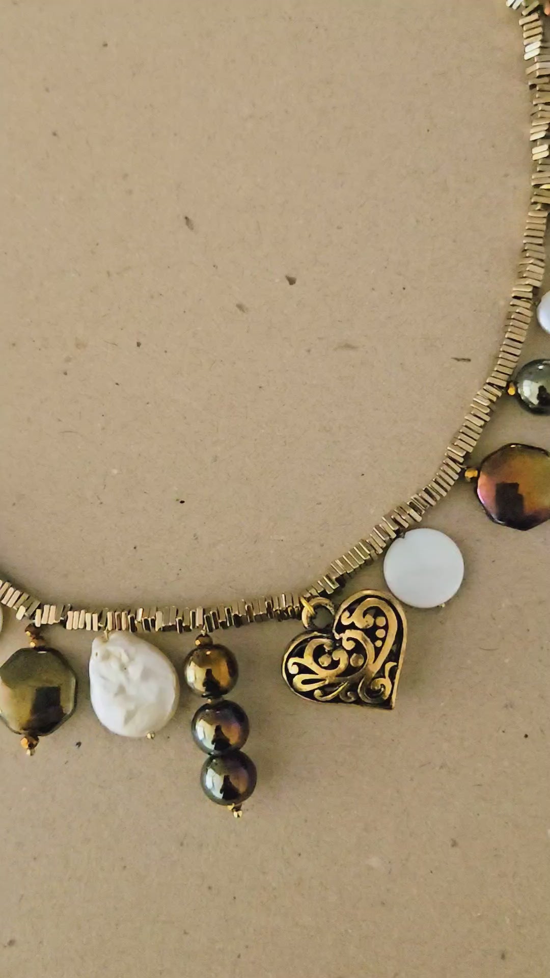 Baroque Pearl, Heart Charm, Glass Beaded Metallic charm statement necklace