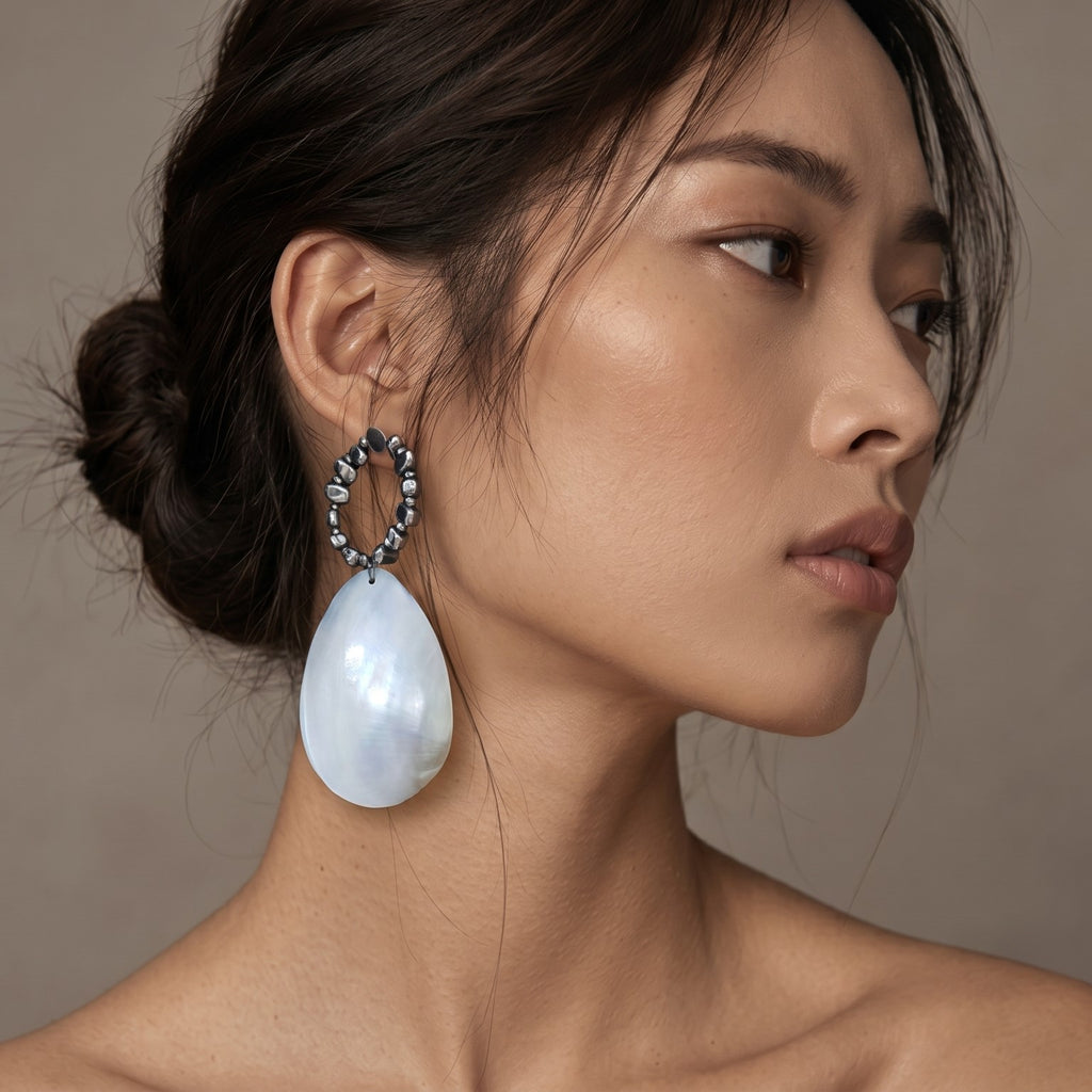 Large Mother Of Shell Statement Earrings With Silver Beaded Hoop
